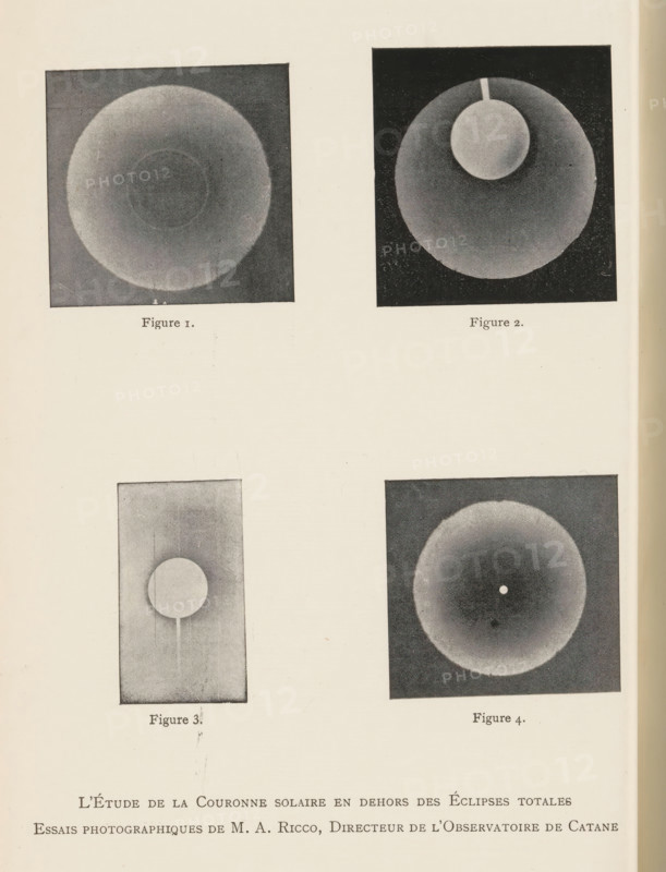 Four studies of the atmosphere surrounding the sun, L'Étude de la couronne solaire en dehors de éclipses totals, page, photomechanical print, inscription: '3e Année, no 4, PL VIII, Essais photographiques de MA Ricco, Director de l'Observatoire de Catane', maker: A. Ricco, c. 1893 - in or before 1898, paper, autotypie, height 139 mm x width 123 mm, Print two pages after page 100., sun as celestial body, A vertically oriented page showing four square photographic images arranged in a grid, two at the top and two below, each image containing circular gradient shapes on dark backgrounds; the top left image shows a large pale circle with a faint concentric ring, the top right image shows a large dark circle with a smaller pale circle overlapping near its upper edge and a short pale bar extending from the small circle upward, the bottom left image shows a vertical rectangular panel with a pale circle centered and a thin pale vertical strip extending above and below it, and the bottom right i...