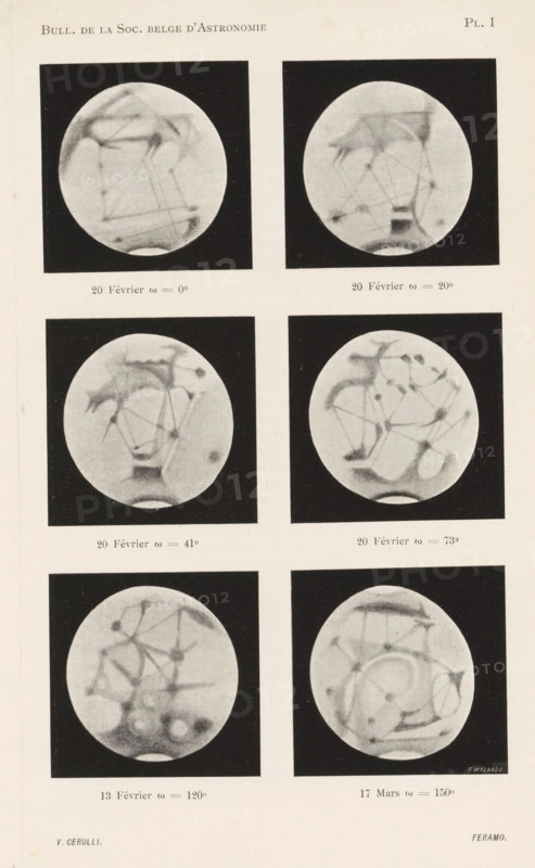 Six views of canals of Mars, page, photomechanical print, inscription: 'F Wylands', maker: Vincenzo Cerulli, maker: anonymous, c. 1894 - in or before 1899, paper, autotype, height 186 mm x width 118 mm, Mars (planet), A vertical sheet showing six round grayscale photographic plates arranged in three rows and two columns, each round image set against a dark square background and depicting abstract, blurry network-like shapes with connecting lines and shaded blotches; light cream paper surrounds the images with printed headings and short captions above and below the rows, and small printed names near the bottom corners.