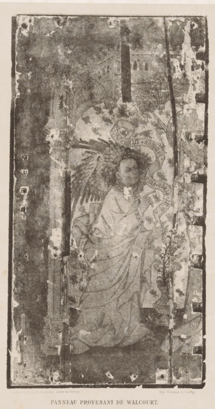 Photo reproduction of one of the Walcourt panels, the Annunciation, Panneau provenant de Walcourt, reproduction, page, photomechanical print, cliché maker: Asser & Toovey, after design by anonymous, printer (person): Simonau & Toovey, c. 1865 - in or before 1870, photographer, printer (person), paper, printing, photolithography, height 220 mm x width 120 mm, Print two pages before page 386., painting, drawing and the graphic arts, A vertical worn panel showing a faded angelic figure with layered wings and draped robes positioned in profile, hands raised toward a flowing ribbon near the face; the panel surface is distressed with areas of peeling, spots of loss, and dark vertical and horizontal marks; architectural elements including arches and a column appear behind the figure, and a stylized floral motif rises near the lower right; the image has a narrow border and an aged, uneven background texture.