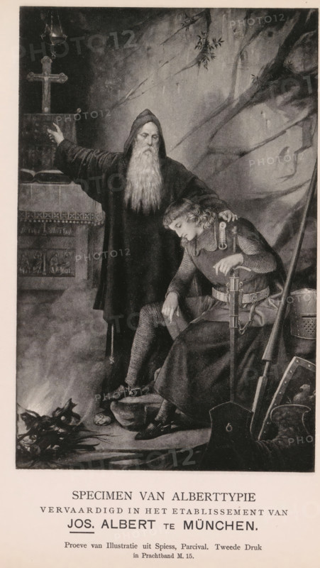 Specimen of Alberttypie, Reproduction of a design of a scene from Parzival, reproduction, page, photomechanical print, inscription: 'Proeve van Illustratie uit Spiess, Parcival. Tweede Druk, in Prachtbin M. 15.', photographer: Rimmer van der Meulen (possibly), maker: Joseph Albert, Munich, after design by anonymous, c. 1887 - in or before 1892, Bavaria, paper, collotype, photoprint, height 170 mm x width 109 mm, Perceval, An elderly bearded man in a hooded robe stands with one arm extended and the other resting on the shoulder of a seated armored young man who leans forward with his head bowed; the seated figure wears chainmail and a tunic with a sword held upright beside him and a helmet and shield nearby, while a small fire burns on the ground in front and a stone altar with a cross and an open book appears behind the standing man against a rocky backdrop with overhanging branches.