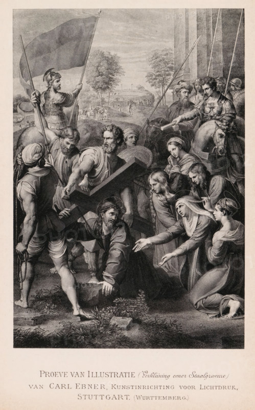Reproduction of a steel engraving of Christ with the Cross, Sample of Illustration, reproduction, page, photomechanical print, inscription: '(Reduction of a Steel Engraving)', photographer: Rimmer van der Meulen (possibly), maker: Carl Ebner, Stuttgart, after print by anonymous, c. 1887 - in or before 1892, after print by, Baden-Württemberg, paper, collotype, photoprint, height 162 mm x width 110 mm, Print on third unnumbered page after page 148., the crucifixion of Christ: prelude to Christ's death on the cross (Matthew 27:34-44, Mark 15:23-32, Luke 23:33-43, John 19:18-24), A detailed black and white engraving shows a crowded scene with a central bearded man wearing a crown of thorns who is kneeling and leaning on a large wooden cross, surrounded by soldiers, onlookers, and several women. The soldiers wear helmets and armor and some hold spears or flags, one mounted on horseback. A group of men in varied clothing assist or restrain the central figure while others look on intensely. S...