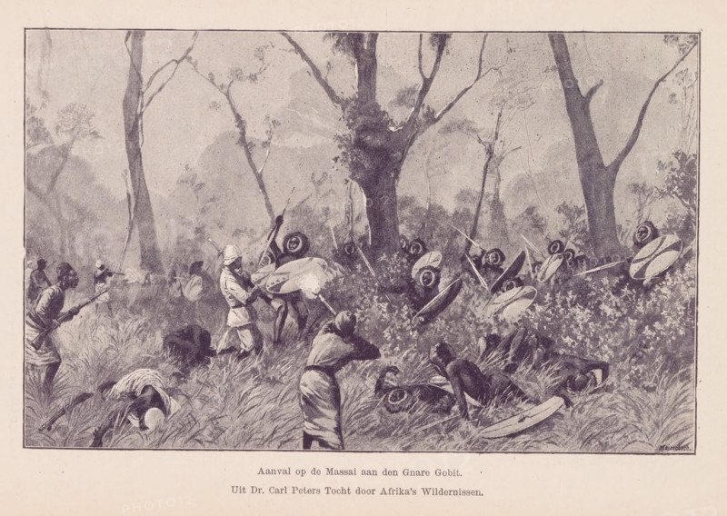 Reproduction of a design for an attack on the Maasai, Attack on the Maasai at the Gnare Gobit, reproduction, page, photomechanical print, inscription: 'From Dr. Carl Peters' Journey through Africa's Wilderness.', cliché maker: Meisenbach's Autotype Company, after design by anonymous, c. 1887 - in or before 1892, Meisenbach's Autotype Company, photographer, after design by, paper, autotype, height 106 mm x width 171 mm, Print in back section of book., Africans, fighting, A monochrome illustration shows a grassy clearing with tall trees and dense foliage, populated by numerous figures engaged in confrontation; many figures hold long spears and carry round shields, while a few wear light-colored uniforms and helmets and hold rifles. Several figures are crouched or lying in the grass, some appearing to shield themselves, as others advance from the left and center with weapons raised. Scattered round shields and spears are visible among the vegetation, and tall tree trunks and branches rise...