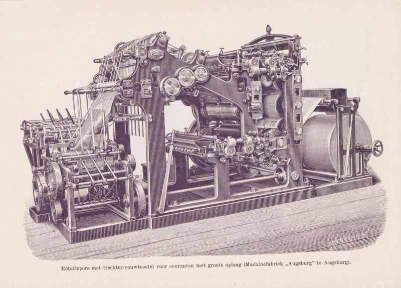 Rotary press with funnel-folding device for high-circulation newspapers, Reproduction of an engraving of a rotary press by Richard Brend'amour, reproduction, page, photomechanical print, inscription: '(Machinefabriek 'Augsburg' in Augsburg)', photographer: Rimmer van der Meulen (possibly), clichémaker: anonymous, after print by Richard Brend'amour, c. 1887 - in or before 1892, Rimmer van der Meulen, Richard Brend'amour, photographer, clichémaker, after print by, paper, printing block, height 109 mm x width 173 mm, printing press, An intricately detailed monochrome engraving of a large mechanical press occupying a rectangular base, showing multiple interlocking gears, rollers, levers, and frames. The machine features sets of cylindrical rollers partially enclosed in a structural housing, toothed gears meshing along exposed shafts, and a web of thin belts or tapes guided over rods and pulleys. One side shows a winding drum with a handwheel and supporting arms, while the opposite side dis...