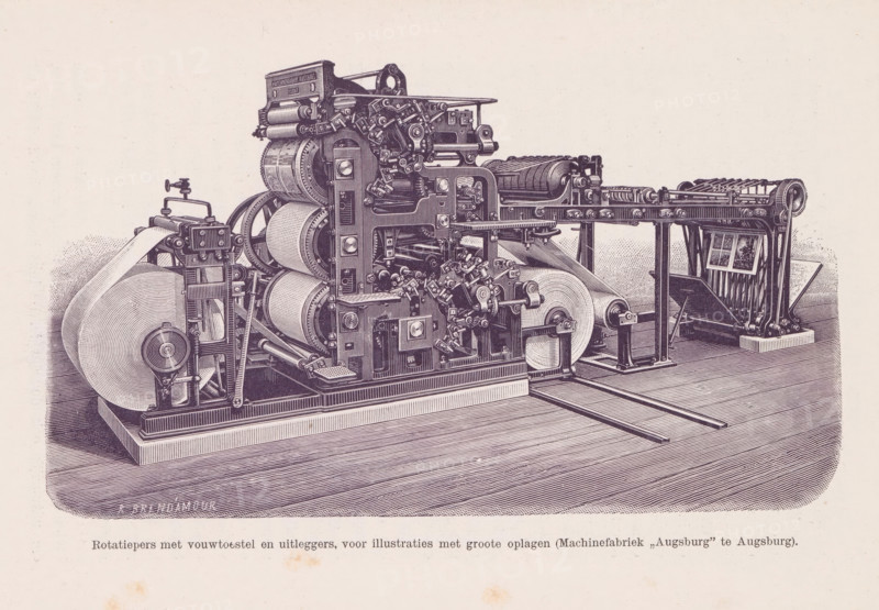 Reproduction of an engraving of a rotary press by Richard Brend'amour, Rotary press with folding device and guides, for large-edition illustrations, reproduction, page, photomechanical print, photographer: Rimmer van der Meulen (possibly), cliché maker: anonymous, after print by Richard Brend'amour, c. 1887 - in or before 1892, Rimmer van der Meulen, Richard Brend'amour, photographer, cliché maker, after print by, paper, printing block, height 95 mm x width 165 mm, printing press, An intricately detailed mechanical press sits on a rectangular platform, composed of multiple cylindrical rollers, gears, levers, and mounting frames linked by shafts and support beams, with a large roll of material positioned at one end and another roll partially fed through the machine; various rounded drums and ribbed rollers are visible along with toothed components, hinged plates, and a grated delivery section at the opposite end holding a sheet, all rendered in a monochrome engraved style against a ligh...