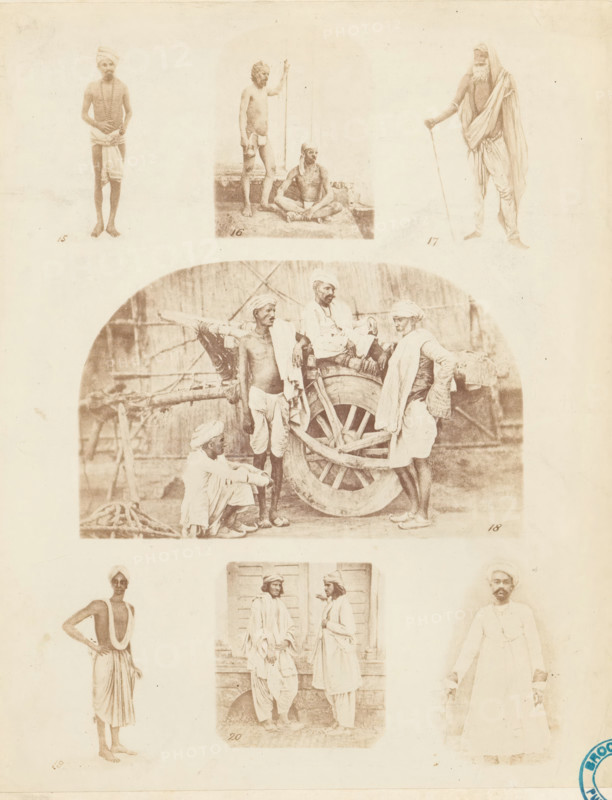 Male attire. cotton., Collection of portraits and a company of Indian men illustrating various men's clothing, photograph, page, collector's mark: 'Brooklyn Public Library', inscription: 'PL. III., Costume-Illustrations', printer (person): William H. Griggs, c. 1861 - in or before 1866, photographer, printer (person), paper, albumen print, height 260 mm x width 205 mm, historical persons, fashion, clothing, A faded sepia montage of several photographic portraits and group scenes arranged on a pale background, including an upper row with three figures: a standing man wearing a cloth wrap and a turban, a small inset showing one man seated cross-legged and another standing with a staff, and a bearded man draped in flowing fabric holding a cane; a central rounded-rectangle photograph of a group gathered around a large wooden cart wheel with men in turbans and wrapped garments standing, leaning, and sitting on and beside the cart, a coiled rope visible on the ground; lower panels showing a ...