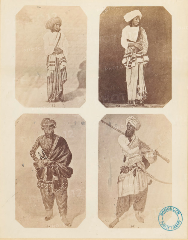 Male attire. cotton and silk., Photo reproduction with four portraits of Indian men illustrating various men's clothing, photograph, reproduction, page, collector's mark: 'Brooklyn Public Library', inscription: 'PL. IV., Costume-Illustrations', printer (person): William H. Griggs, after design by anonymous, c. 1861 - in or before 1866, photographer, printer (person), paper, albumen print, height 260 mm x width 205 mm, historical persons, fashion, clothing, A rectangular sheet shows four sepia-toned portrait panels arranged in a two-by-two grid, each panel featuring a standing man in traditional dress with headwraps and layered garments; the top left man faces slightly right with folded arms and a draped striped cloth, the top right man stands against a darker background with one arm across his waist and patterned fabric over one shoulder, the bottom left man wears patterned clothing and a draped shawl while holding an object near his waist, and the bottom right man holds a long staff d...