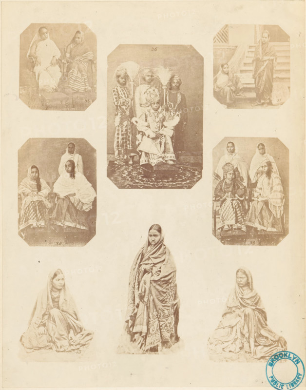 Collection of portraits of Indian women illustrating different women's clothing, Female attire. Muslins, silk, &c., photograph, page, inscription: 'PL. VI., Costume-Illustrations', collector's mark: 'Brooklyn Public Library', printer (person): William H. Griggs, c. 1861 - in or before 1866, photographer, printer (person), paper, albumen print, height 258 mm x width 204 mm, historical persons - BB - woman, fashion, clothing, The image shows a faded, sepia-toned sheet with multiple photographic portraits arranged in a grid-like layout. At the top center is a rectangular portrait of a seated child wearing ornate clothing and a headdress, flanked by three standing figures in turbans and patterned garments. Surrounding this central portrait are smaller octagonal-cornered photos depicting seated and standing women draped in shawls and long skirts, some posed on steps and some beside chairs. Below the central group is a full-length portrait of a woman standing and wrapped in a patterned shawl...