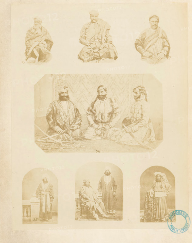 Collection of portraits of Indian men illustrating different men's clothing, Male attire. cashmere shawls. chogas, &c., photograph, page, collector's mark: 'Brooklyn Public Library', inscription: 'PL. VIII., Costume-Illustrations', printer (person): William H. Griggs, c. 1861 - in or before 1866, photographer, printer (person), paper, albumen print, height 258 mm x width 202 mm, historical persons - BB - woman, fashion, clothing, A faded sepia sheet contains several photographic portraits arranged vertically; near the top there are three seated men wearing patterned robes and head coverings, the central figure seated cross-legged with ornate patterned trousers, flanked by two men seated with draped shawls and turbans; below them a rectangular vignette shows three bearded men seated on a patterned carpet in front of a quilted backdrop, each wearing richly embroidered garments and headwraps, with curved swords and a round shield visible near their hands; further down are three arched por...