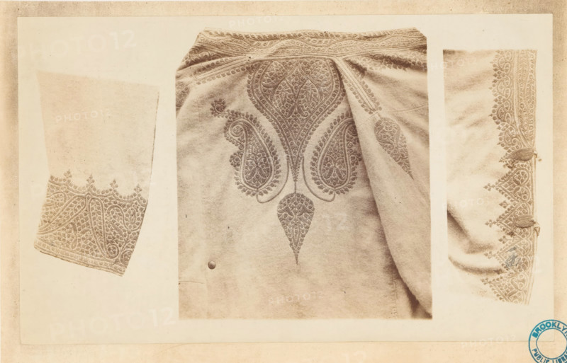 Ornamental braiding on 'choga' of cashmere cloth, Embroidered Indian clothing, photograph, page, inscription: 'PL. IX., Costume-Illustrations', collector's mark: 'Brooklyn Public Library', printer (person): William H. Griggs, c. 1861 - in or before 1866, William H. Griggs, photographer, printer (person), paper, albumen print, height 182 mm x width 295 mm, fashion, clothing, braiding, A sepia-toned image showing three cloth pieces with ornate embroidered paisley and floral patterns, arranged side by side on a lighter background; the left panel displays a rectangular fabric segment with dense border embroidery featuring curved motifs along one edge, the center panel shows a larger draped garment with symmetrical paisley medallions and a pointed teardrop motif below, plus a rounded fastener near the lower area, and the right panel presents a folded fabric edge with a scalloped embroidered border and small decorative knots along the seam.