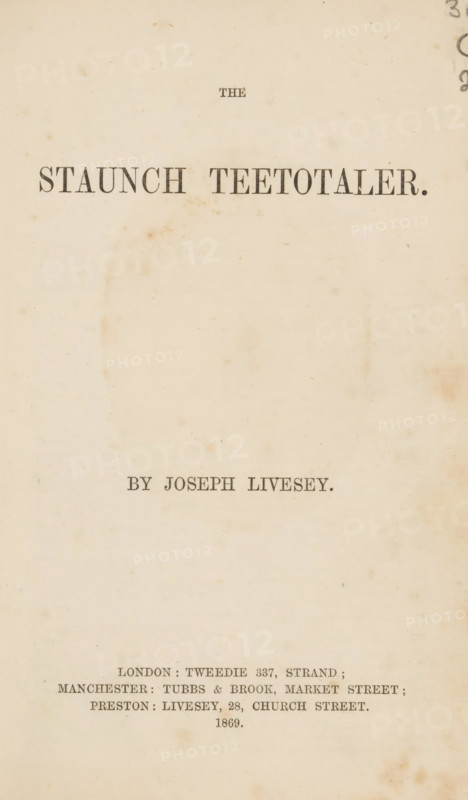 The staunch teetotaler, book, annotation: '24 issues, 1867, 68, £ 35 ...', annotation: 'NOV, 1994', writer (clerical worker): Joseph Livesey, publisher: William Tweedie, London, publisher: Tubbs & Brook, Manchester, Preston, c. 1869, writer (clerical worker), Lancashire, pasteboard, paper, textile materials, printing, albumen print, height 212 mm x width 147 mm x thickness 30 mm, A vertically oriented aged paper page with a creamy background and scattered small brown spots and stains, featuring a prominent bold line of uppercase black type near the top and a smaller line of centered black type below midpage, with additional smaller black type grouped toward the bottom; the paper shows uneven discoloration, faint smudges, and minor foxing across the surface.