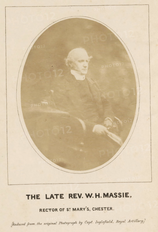 Portrait of WH Massie, The Late Rev. WH Massie, photograph, page, inscription: 'Rector of St. Mary's, Chester.', inscription: 'Reduced from the original Photograph by Capt. Inglefield, Royal Artillery.', photographer: Edward Augustus Inglefield, c. 1852 - in or before 1857, Edward Augustus Inglefield, photographer, paper, salted paper print, height 110 mm x width 84 mm, Photo opposite title page., Person, WH Massie, historical persons, theologian, An oval sepia-toned portrait of an older man seated and facing slightly to the right, framed by a rectangular light-colored mount; the man has a balding head with wispy hair at the sides, a high white collar, and darker clothing, and his hands rest in his lap while a faint suggestion of a chair arm is visible beside him.