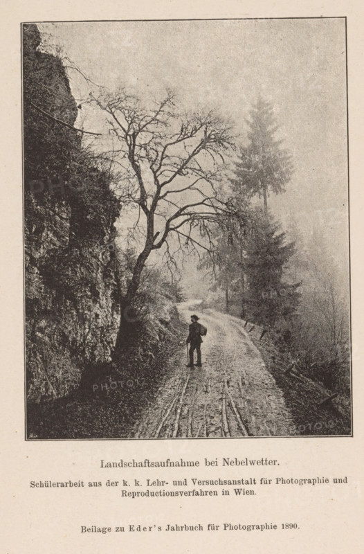 Fog landscape with figure on the road, page, photomechanical print, monogram: 'AC', inscription: 'Landschaftsaufnahme bei Nebelwetter., Beilage zu Eder's Jahbruch für Photographie 1890', maker: KK Lehr- und Versuchsanstalt für Photographie, c. 1885 - in or before 1890, KK Lehr- und Versuchsanstalt für Photographie, paper, autotypie, height 119 mm x width 93 mm, Print on twenty-third unnumbered page after page 400., fog, landscapes (landscape with figures, staffage), A vertical black-and-white illustration shows a narrow winding dirt road bordered on the left by a steep rocky cliff face and on the right by tall slender trees fading into mist; a bare-branched tree arches over the road from the left, and a solitary figure wearing a hat and carrying a bag stands on the road facing away, holding a walking stick, while the surface of the road displays visible tracks and ruts.