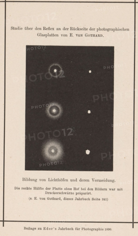 Abstract prints from glass negatives, page, photomechanical print, inscription: 'Study about the reflex on the background of the photographic glass plates for E. von Gothard, Bildung von Lichthöfen und deren Meidung, Die Rechte Hälfte der Platte ohne Hof bei den Images with a photographic background, Beilage zu Eder's Jahbruch für Photographie 1890', maker: Eugen von Gothard, c. 1885 - in or before 1890, Eugen von Gothard, paper, autotypie, height 87 mm x width 61 mm, Print on twenty-seventh unnumbered page after page 400., Abstract, Non-representational Art, A vertically oriented page with a narrow dark rectangular image centered, showing a solid black background containing three bright circular halos arranged vertically along the left side of the rectangle and three small irregular bright spots roughly aligned to the right of each halo; the page has thin black border lines near the edges and areas of light beige paper surrounding the central rectangle.