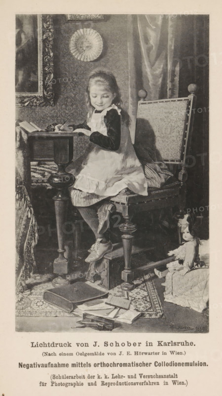 Reproduction of a painting of a writing girl by Joseph Eugen Hörwarter, reproduction, page, photomechanical print, inscription: 'Negativaufnahme mittels orthochromatischer Collodionemulsion, Beilage zu Eder's Jahrbuch für Photographie 1890.', photographer: KK Lehr- and Versuchsanstalt für Photographie, cliché maker: J. Schober, Karlsruhe, after painting by Joseph Eugen Hörwarter, c. 1885 - in or before 1890, KK Lehr- und Versuchsanstalt für Photographie, J. Schober, Joseph Eugen Hörwarter, photographer, cliché maker, after painting by, Baden-Württemberg, paper, collotype, photoprint, height 139 mm x width 85 mm, Print on eleventh unnumbered page after page 400., historical persons - BB - woman, girl (child between toddler and youth), A young girl wearing a light apron over a dark dress sits on an upholstered wooden chair at a small table, holding a pen and looking down at paper on the table; she has long hair pulled back and wears stockings and tied shoes with one foot resting on a sma...