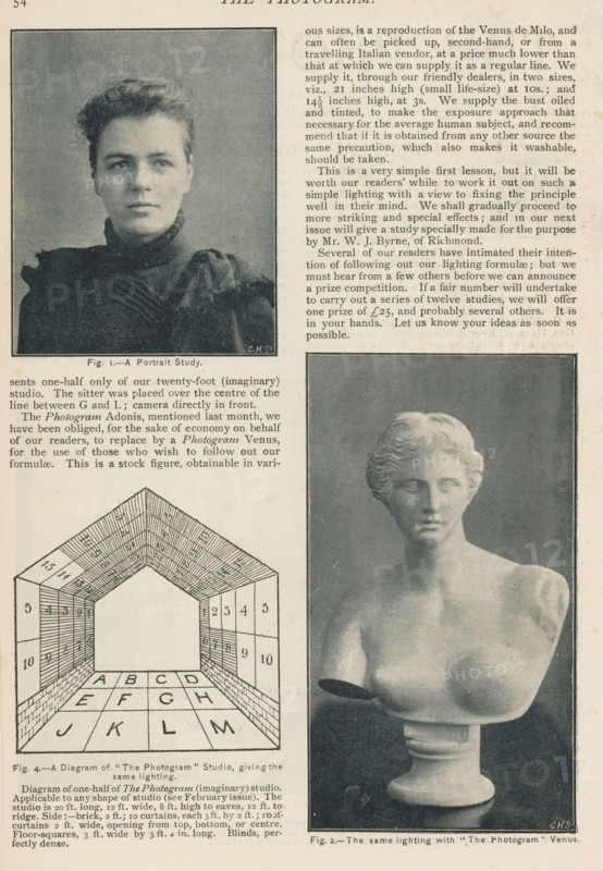 The White Pillar, Naked boy near a pillar, page, photomechanical print, photographer: Wilhelm von Gloeden, cliché maker: Andre & Sleigh, c. 1889 - in or before 1894, paper, autotypie, height 97 mm x width 58 mm, historical persons, the (nude) human figure, 'Corpo humano' (Ripa), A printed page showing three photographic illustrations and blocks of text; at top left a square portrait of a woman with short hair and a high-collared dark garment framed by a thin border; to the right of this portrait a column of dense printed text; below the portrait and text a schematic drawing of an arched studio interior with tiled floor panels and labeled sections; to the right of the schematic a large rectangular photograph of a classical bust of a female figure on a pedestal rendered in grayscale; the page has a slightly aged, off-white background and narrow margins.