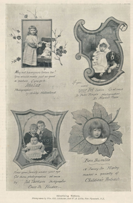 Collection of advertising photos with children, Advertising Notions, page, photomechanical print, photographer: William Gill, photographer: William Andrews Collins, cliché maker: ACME Newspictures Inc. (possibly), c. 1889 - in or before 1894, paper, autotypie, height 187 mm x width 117 mm, advertisement, notice, The image shows a printed page with several framed photographic portraits of children arranged vertically and horizontally, each portrait set within decorative borders or shapes and accompanied by floral or leaf embellishments; one portrait features a standing girl in a dress beside a seated doll, another framed in an ornate shield-like shape shows a young child in a bonnet seated next to a dog, a third display contains three children with the youngest seated in a basket-like setting while two older children sit behind, and a circular portrait of a child's face is set within a large stylized leaf; the background is a textured, lightly speckled paper.