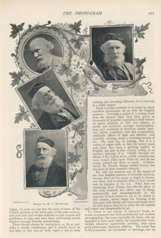 Photomontage of four portraits of unknown men with an illustration by WT Whitehead, page, photomechanical print, photomontage, photographer: Harold Baker, cliché maker: ACME Newspictures Inc. (possibly), illustrator: W.T. Whitehead, c. 1889 - in or before 1894, WT Whitehead, paper, autotypie, height 187 mm x width 117 mm, historical persons, A vertical page showing a decorative collage of four photographic portraits of an elderly man with a beard and cap placed within floral and leafy ornamental borders, the portraits varying in shape and angle with one circular frame near the top left, a rectangular portrait at the top right, a tilted rectangular portrait in the middle left, and a taller rectangular portrait lower left, all set against a light background with ornamental vines and blossoms weaving between the frames and a column of printed text visible on the right side of the page.