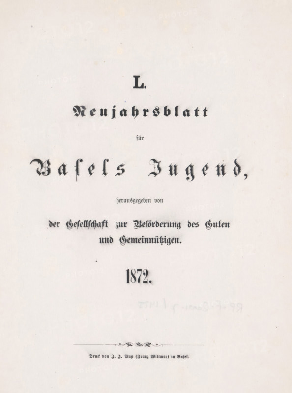 Neujahrsblatt für Basels Jugend, page, magazine, 1872, paper, albumen print, albumendruk, height 250 mm x width 200 mm x thickness 5 mm, The image shows a pale, slightly textured sheet with ornate dark decorative elements and stylized printed lines near the center and lower region, arranged vertically with generous blank space around them, and a small ornamental flourish above a short horizontal rule near the lower third of the sheet.