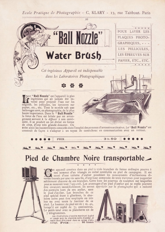 Portrait of an unknown woman looking up, page, photomechanical print, maker: Charles Louis Klary (possibly), Paris, c. 1890 - c. 1900, paper, autotype, height 37 mm x width 37 mm, adult woman, The image shows a printed advertisement page with decorative illustrations and columns of small printed text; at the top left is an ornate drawing of a robed, long-haired female figure leaning over a scroll-like banner, and to the right of that is a boxed panel of text. Below the banner is a decorative horizontal divider and a row of small floral motifs, followed by an engraved scene on the right depicting a pair of hands holding a large bulbous brush over a shallow tray with a spout and a faucet fixture nearby. The lower half of the page features an illustration of a tall tripod camera with a bellows camera mounted on it at left and another set of photographic equipment including a folded tripod, a wooden camera body, and a carrying case at right, all surrounded by columns of fine print and orna...