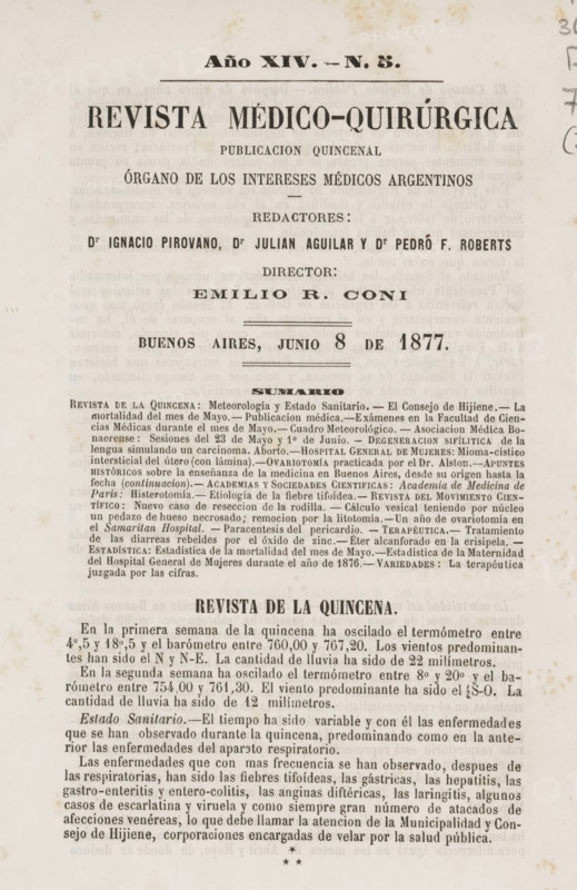 Revista médico-quirúrgica, magazine, publisher: Órgano de los Intereses Médicos Argentinos, Buenos Aires, supervision: Emilio R. Coni, 1877, paper, printing, albumen print, height 237 mm x width 160 mm x thickness 2 mm, A vertically oriented aged paper page with visible foxing and small stains, featuring a large centered title area in bold black type near the top, followed by several narrower lines of printed headings and smaller dense paragraph text below, all arranged with clear horizontal separations and decorative short rules, the lower portion filled with tightly set printed paragraphs and justified columns, and slight margin discoloration and smudging along the edges.