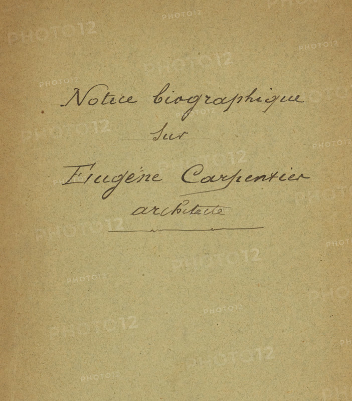 Notice biographique sur Eugène Carpentier, Dr. Le Bon, book, date: 'SEPT, 2000', annotation: 'cette notice contient, un hommage de l'autoriteit, M le Docteur Lebon, a C Sonneville', number: 'BR 791 1.200-', dedication: 'A Monsieur l'Architecte, Sonneville le ...ne élève de, Monsieur Carpentier., Hommage de l'autoriteit., D. LeBron', writer (clerical worker): Dr. Lebon, 1889, Dr. Lebon, writer (clerical worker), paper, printing, albumen print, height 245 mm x width 157 mm x thickness 3 mm, A tan sheet of textured paper with visible fibers and small speckles, featuring dark ink cursive handwriting near the top and center, including a long horizontal underline and a short horizontal line below it, with the upper portion of the page showing more concentrated ink marks and the lower portion mostly blank.