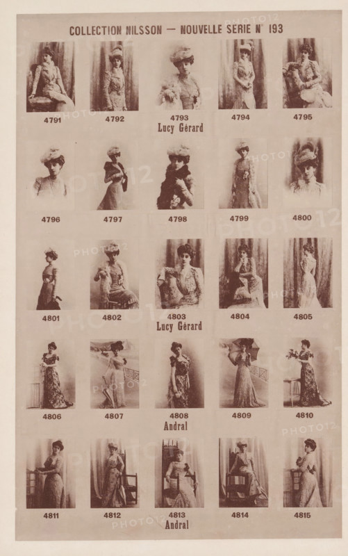 25 portraits of Lucy Gérard and Andral, Collection Nilsson - Nouvelle Série, page, photomechanical print, number: 'No 193', c. 1894 - in or before 1899, paper, collotype, photoprint, height 240 mm x width 153 mm, Person, Lucy Gérard, historical persons - BB - woman, A vertically oriented sepia-toned printed sheet showing a grid of small portrait photographs of women in period dresses and hats arranged in rows and columns, each portrait placed in a rectangular frame with space below; the women are posed seated or standing, wearing long gowns, ornate hats, fur stoles, or holding parasols and bouquets, with varied seated props such as chairs and small tables; curtains and plain backdrops appear behind many portraits; the overall page has a wide margin and a consistent faded, antique appearance.