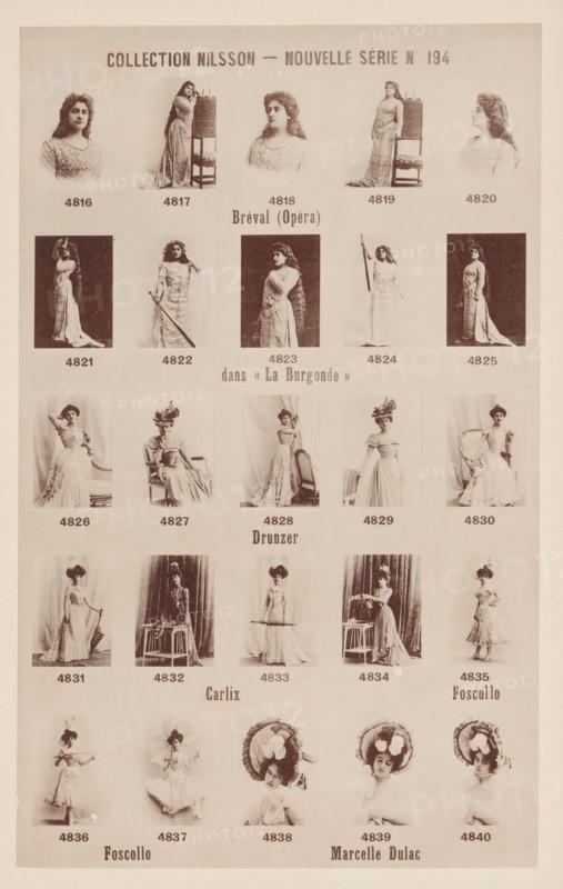 25 portraits of Bréval, Drunzer, Carlix, Foscollo and Marcelle Dulac, Collection Nilsson - Nouvelle Série, page, photomechanical print, inscription: 'Bréval (Opéra), dans &lt, &lt, La Burgonde &gt, &gt, Foscollo, Foscollo Marcelle Dulac', number: 'No 194', c. 1894 - in or before 1899, paper, collotype, photoprint, height 240 mm x width 154 mm, historical persons - BB - woman, A cream-toned printed sheet with multiple rows of small sepia portrait and full-length photographs of women in period dresses, each photo framed by pale margins and arranged in a grid across the page, showing a variety of poses including seated, standing, and holding props such as chairs, umbrellas, and a sword, with several women wearing hats or elaborate headpieces and long flowing gowns with lace and decorative details; the top of the sheet features a larger heading area, and the images are separated by pale bands with space for small captions beneath each photograph.
