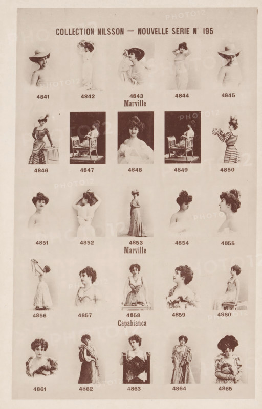 25 portraits of Marville and Capabianca, Collection Nilsson - Nouvelle Série, page, photomechanical print, number: 'No 195', c. 1894 - in or before 1899, paper, collotype, photoprint, height 240 mm x width 153 mm, historical persons - BB - woman, The image shows a vertically oriented page with rows of sepia-toned portrait photographs of women arranged in a grid, each portrait depicting a woman in vintage dress or draped fabric with varied poses and hairstyles, some wearing hats and some holding props like flowers or seated on chairs; there are headings and short lines of darker text centered above and between some rows, and small dark captions beneath each portrait; the page background is a pale, aged paper tone and the photographic squares and rectangles have soft faded edges.