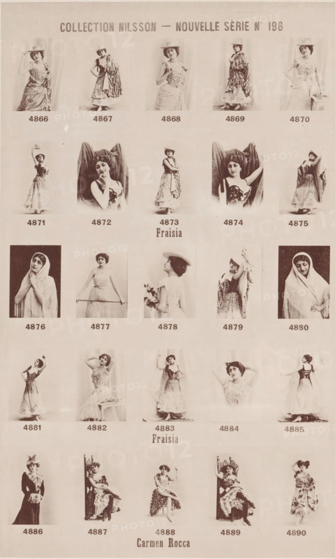 25 portraits of Fraisia and Carmen Rocca, Collection Nilsson - Nouvelle Série, page, photomechanical print, number: 'No 196', c. 1894 - in or before 1899, paper, collotype, photoprint, height 240 mm x width 154 mm, historical persons - BB - woman, The image shows a sepia-toned sheet with rows of small portrait-style photographs of a woman in various poses and outfits, including hats, shawls, and dresses. The woman appears in full-length and bust views, sometimes standing, sometimes seated, sometimes with one arm raised or hands near her face, and sometimes holding a prop like flowers or a staff. Some portraits are framed against plain backdrops or draped fabric, and others show the woman wearing different head coverings or veils. The layout is a grid with consistent spacing between each photograph and small blank areas separating the rows. The overall appearance is vintage, with soft lighting and subtle fading across the sheet.