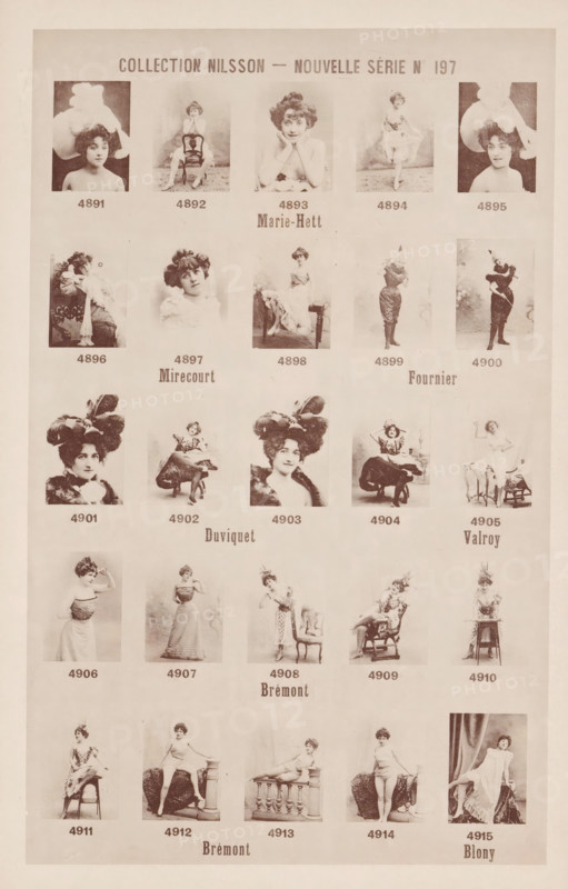 25 portraits of Marie-Hett, Mirecourt, Fournier, Duviquet, Valroy, Brémont and Blony, Collection Nilsson - Nouvelle Série, page, photomechanical print, number: 'No 197', c. 1894 - in or before 1899, paper, collotype, photoprint, height 240 mm x width 153 mm, historical persons - BB - woman, A faded poster page with rows of small sepia photographic portraits of women in vintage costumes and poses, each portrait framed by light borders and arranged in a grid across the page; the women wear a variety of dresses, hats, and theatrical outfits, and appear in seated, standing, and playful stances often accompanied by chairs or props, with several images showing elaborate feathered hats and ruffled garments, some portraits are close-up head-and-shoulder shots while others show full bodies, and the overall page has a worn, aged paper background with centered headings and labels above and below groups of portraits.