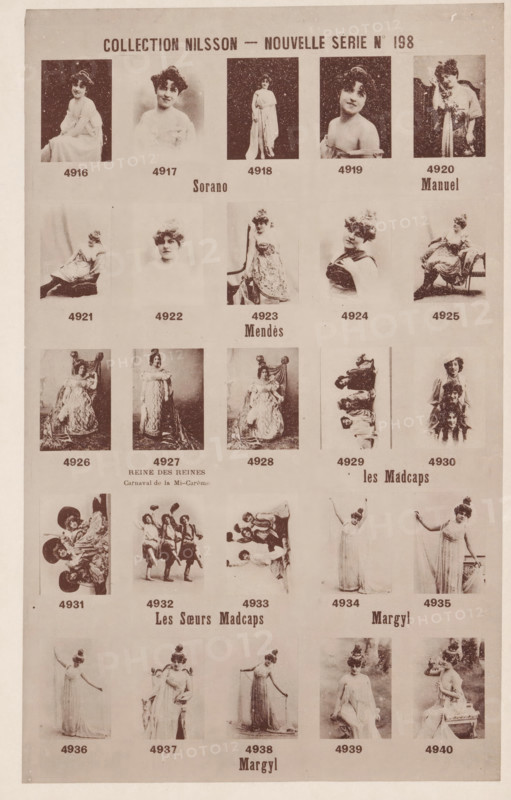 25 portraits of Sorano, Manuel, Mendès, the Madcaps sisters and Margyl, Collection Nilsson - Nouvelle Série, page, photomechanical print, number: 'No 198', inscription: 'Sorano Manuel, REINE DES REINES, Carnaval de la Mi-Carème les Madcaps, Les Soeurs Madcaps Margyl, Margyl', c. 1894 - in or before 1899, paper, collotype, photoprint, height 239 mm x width 152 mm, historical persons - BB - woman, A vertically oriented sepia-toned sheet shows a grid of portrait and full-length photographic panels of women in vintage dresses and poses, arranged in rows and columns with small rectangular photo frames separated by light margins; the top row features close and mid-length portraits of women with various hairstyles and garments, including a seated woman in a light gown, a smiling bust portrait, a standing figure draped in fabric, and a woman resting her arm on a prop, each image surrounded by a pale border; the second row contains seated and bust images with a standing ornate-gowned figure in ...