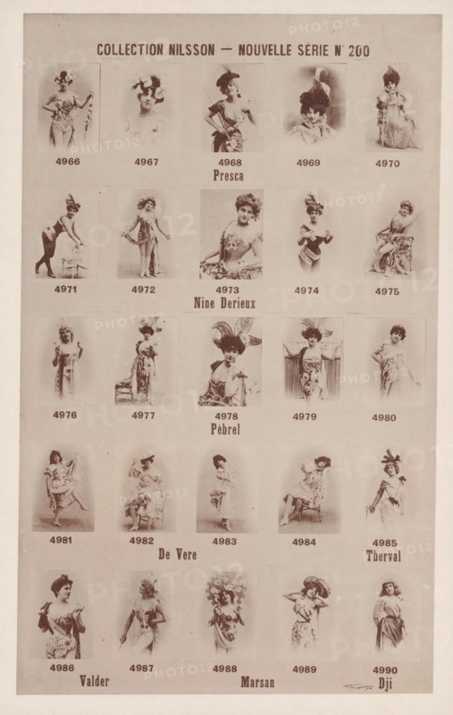 25 portraits of Presca, Nine Derieux, Pébrel, De Vere, Therval, Valder, Marsan and Dji, Collection Nilsson - Nouvelle Série, page, photomechanical print, number: 'No 200', c. 1894 - in or before 1899, paper, collotype, photoprint, height 239 mm x width 153 mm, historical persons - BB - woman, A vertical sheet showing a grid of vintage sepia-toned portrait photographs of women in theatrical or ornate costumes, each portrait framed in a rectangular box with small captions beneath that are visible but not described here, arranged in several horizontal rows across the page; the women display a variety of poses and outfits including dresses, hats with feathers or large decorative headpieces, and accessories like fans and canes, with some seated on chairs or leaning on props while others stand or adopt playful stances; the background is a plain light tone and the overall page has a distressed, aged appearance with slight spotting and faded borders.
