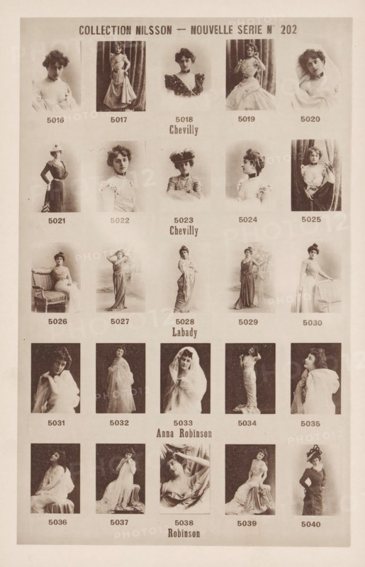 25 portraits of Chevilly, Labady and Anna Robïnson, Collection Nilsson - Nouvelle Série, page, photomechanical print, number: 'No 202', c. 1894 - in or before 1899, paper, collotype, photoprint, height 240 mm x width 154 mm, historical persons - BB - woman, A vertically oriented sheet displaying a grid of small sepia-toned photographic portraits of women arranged in rows and columns, each portrait showing a single woman in various poses and outfits ranging from seated to standing, some with hats, veils, or draped fabrics, with plain or curtain-like backdrops and occasional simple furniture, all images framed by narrow margins and separated by light background space.