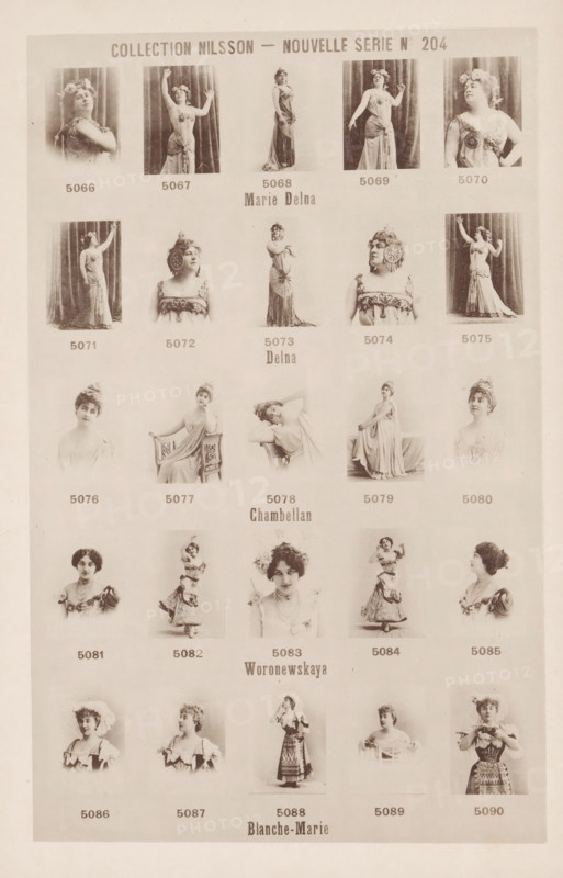 25 portraits of Marie Delna, Chambellan, Woronewskaya and Blanche-Marie, Collection Nilsson - Nouvelle Série, page, photomechanical print, number: 'No 204', c. 1894 - in or before 1899, paper, collotype, photoprint, height 239 mm x width 154 mm, Person, Marie Delna, historical persons - BB - woman, portrait of opera-singer, A vertically oriented sepia-toned sheet shows a grid of small portrait and full-length photographs of women arranged in rows and columns with light margins between images, each photograph featuring a woman in period costume or dress posed against a plain backdrop, some standing with raised arms, some seated on chairs, some wearing floral headpieces or ornate headdresses, and others shown in close-up bust views with varied facial expressions and hairstyles; decorative gowns, draped fabrics, and accessories such as necklaces and belts are visible, and the sheet has a faded border with evenly spaced images filling the page.