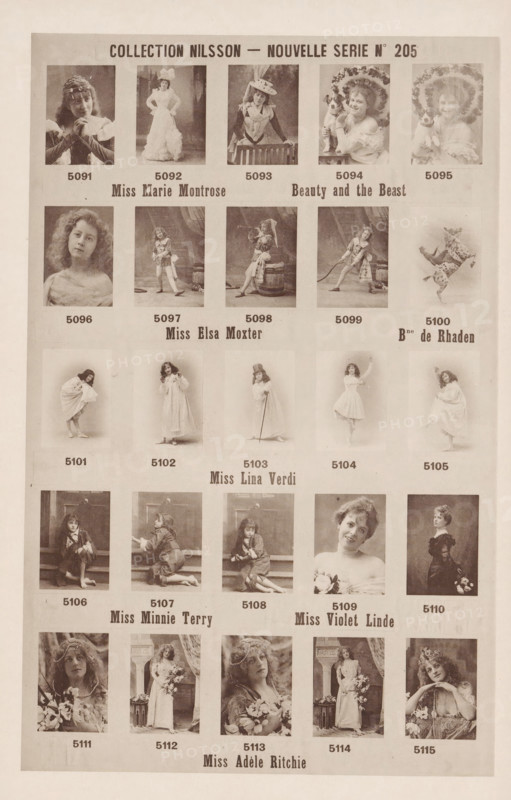 25 portraits of Marie Montrose, Elsa Moxter, Lina Verdi, Minnie Terry, Violet Linde and Adèle Ritchie, Collection Nilsson - Nouvelle Série, page, photomechanical print, inscription: 'Miss Marie Montrose Beauty and the Beast, Miss Elsa Moxter Bne de Rhaden, Miss Lina Verdi, Miss Minnie Terry Miss Violet Linde, Miss Adèle Ritchie', number: 'No 205', c. 1894 - in or before 1899, paper, collotype, photoprint, height 239 mm x width 154 mm, Person, Adele Ritchie, historical persons - BB - woman, portrait of opera-singer, A vertically oriented printed sheet with a grid of sepia-toned portrait photographs, each set inside a rectangular frame, showing a variety of women and children in period clothing and theatrical poses; the top portion features small head-and-shoulder and full-body portraits including women wearing hats, frilled dresses, and one holding a small dog, followed by another row of portraits with a mix of seated and standing figures, one image of a performing animal in mid-jump, a...