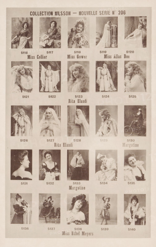 25 portraits of Collier, Gower, Allas Dee, Rita Elandi, Margotine and Ethel Meyers, Collection Nilsson - Nouvelle Série, page, photomechanical print, number: 'No 206', c. 1894 - in or before 1899, paper, collotype, photoprint, height 240 mm x width 154 mm, Person, Ethel Myers, historical persons - BB - woman, portrait, self-portrait of sculptor, A sepia-toned printed sheet showing a grid of portrait photographs of women arranged in rows, each portrait set within a rectangular frame with small captions beneath that are not described; the women wear a variety of dresses and costumes, including flowing gowns, veils, ornate headpieces, and theatrical attire, and they pose seated, standing, reclining, or in staged gestures; some portraits show props such as a bicycle, a column, a chair, draped fabrics, and floral arrangements; the page has a wide margin and a bold heading across the top with additional smaller headings interspersed between rows of images.