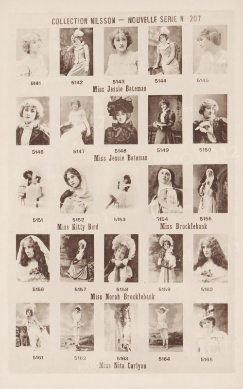 25 portraits of Jessie Bateman, Kitty Bird, Norah Brocklebank and Nita Carlyon, Collection Nilsson - Nouvelle Série, page, photomechanical print, number: 'No 207', c. 1894 - in or before 1899, paper, collotype, photoprint, height 240 mm x width 154 mm, Person, Jessie Bateman, historical persons - BB - woman, portrait of actor, actress, A sepia toned page showing a grid of portrait photographs arranged in rows, each portrait depicting a young woman in vintage clothing and various poses, some wearing hats or headpieces, some in dresses with ruffles or high collars, others posed with props like chairs or holding small objects, all portraits framed by light borders against a plain background, with larger centered portrait groupings separating the rows.