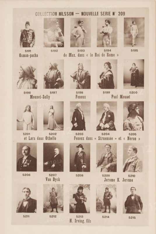 25 portraits of Paul Mounet, Jerome K. Jerome and others, Collection Nilsson - Nouvelle Série, page, photomechanical print, number: 'No 209', inscription: 'Osman-pache de Max, dans &lt, &lt, le Roi de Rome &gt, &gt, Mounet-Sully Fenoux Paul Mounet, et Lara dans Othello Fenoux dans &lt, Struensée &gt, et &lt, Néron &gt, Van Dyck Jerome K. Jerome, H. Irving, fils', c. 1894 - in or before 1899, paper, collotype, photoprint, height 235 mm x width 153 mm, Person, Paul Mounet, Jerome Klapka Jerome, historical persons, historical persons - BB - woman, A vertically oriented sheet showing a grid of vintage photographic portraits arranged in rows and columns, each portrait depicting a single person in period costume or formal dress, with a mix of men and women posed seated or standing, some in military or theatrical attire and others in elegant or historical clothing; the portraits vary between bust, three-quarter, and full-length views, framed by pale margins, and the overall image has a sepia ...