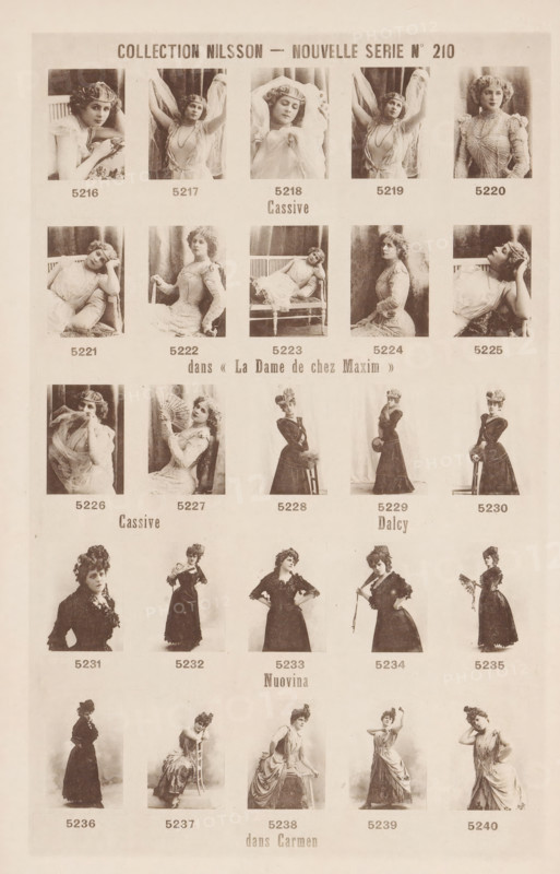 25 portraits of Cassive, Dalcy and Nuovina, Collection Nilsson - Nouvelle Série, page, photomechanical print, number: 'No 210', inscription: 'Cassive, dans &lt, &lt, La Dame de chez Maxim &gt, &gt, Cassive Dalcy, Nuovina, dans Carmen', c. 1894 - in or before 1899, paper, collotype, photoprint, height 238 mm x width 154 mm, historical persons - BB - woman, portrait of actor, actress, A sepia-toned sheet showing a grid of portrait photographs of women in period clothing arranged in rows and columns, each portrait framed with space around it; the women wear dresses, hats, veils, and accessories such as fans and gloves, and they pose seated, standing, reclining, or leaning with varied gestures and expressions; some images show women with hands near their faces, others with arms raised or holding props, and several portraits include chairs or set curtains as backdrops; the sheet has larger printed headings and labels above and between rows, and the overall appearance is aged paper with a un...