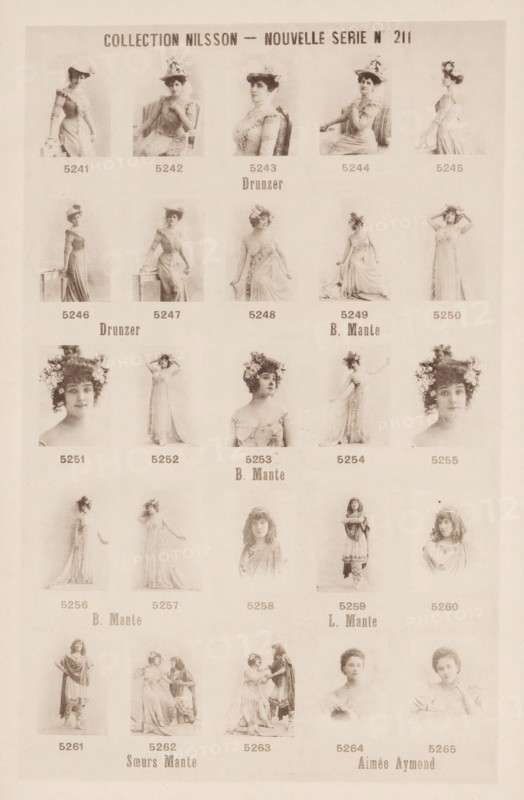 25 portraits of Drunzer, the sisters B. Mante and L. Mante and Aimée Aymond, Collection Nilsson - Nouvelle Série, page, photomechanical print, number: 'No 211', c. 1894 - in or before 1899, paper, collotype, photoprint, height 238 mm x width 154 mm, historical persons - BB - woman, A sepia-toned sheet displaying a grid of vintage portrait photographs of women in period dresses and hats, each image showing a single woman or small group in posed studio settings, with a variety of seated and standing positions, elaborate hairstyles and floral headpieces, flowing gowns and fitted bodices, some women facing forward while others are shown in profile or three-quarter views, and the photographs arranged in orderly rows and columns against a pale background.