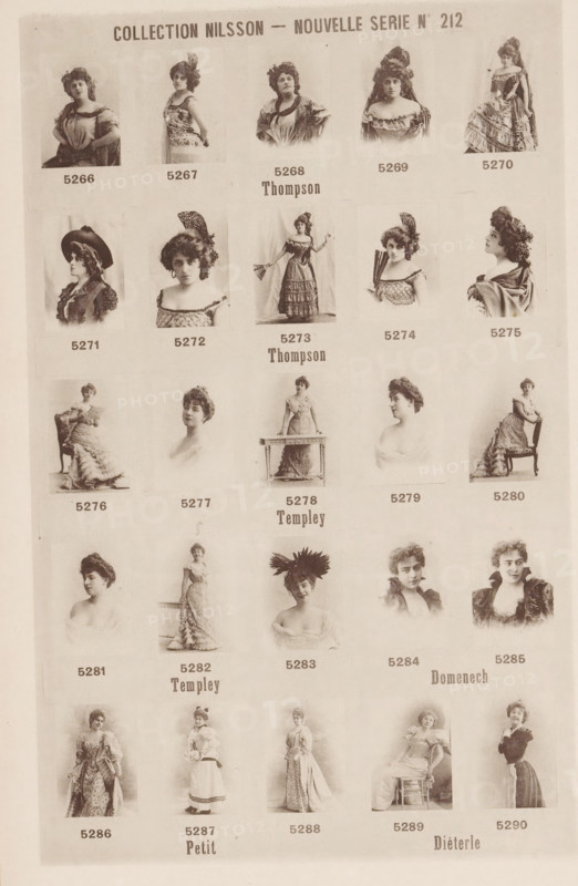 25 portraits of Thompson, Templey, Domenech, Valentine Petit and Diéterle, Collection Nilsson - Nouvelle Série, page, photomechanical print, number: 'No 212', c. 1894 - in or before 1899, paper, collotype, photoprint, height 236 mm x width 154 mm, Person, Valentine Petit, historical persons - BB - woman, A sepia-toned page showing a grid of small portrait and full-length photographs of women in period dresses and hairstyles arranged in rows and columns, each image centered above a short label; the top of the page features a bold header in capital letters, and various decorative dresses include ruffles, lace, hats, fans, and shawls; the women display a range of poses including seated, standing, and three-quarter profiles, with some holding props like chairs or fans and others wearing elaborate headpieces or feathered accessories; the photographs have a vintage, slightly faded appearance against a light background and are separated by narrow margins.