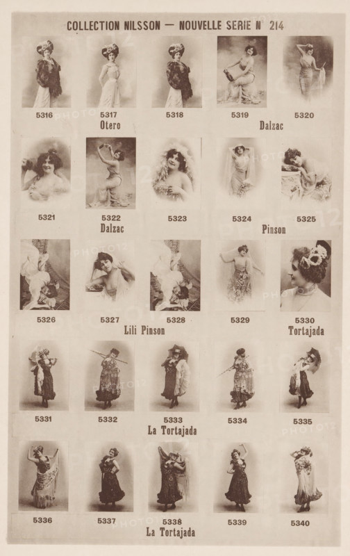 25 portraits of Otero, Dalzac, Lili Pinson and La Tortajada, Collection Nilsson - Nouvelle Série, page, photomechanical print, number: 'No 214', c. 1894 - in or before 1899, paper, collotype, photoprint, height 236 mm x width 153 mm, Person, La Tortajada, historical persons - BB - woman, portrait of dancer, A sepia-toned poster page with a grid of rectangular portrait photographs showing women in vintage dresses and theatrical costumes, many wearing hats, headpieces, or veils, posed standing, seated, reclining, or leaning, with some holding props such as fans, umbrellas, or flowers, and several images framed by soft vignette edges. The top of the page shows a centered heading in large uppercase type. Rows of small captions appear beneath each photograph. Some larger type labels appear between rows of images. The overall page has a faded, aged paper texture and a light border around the edge.