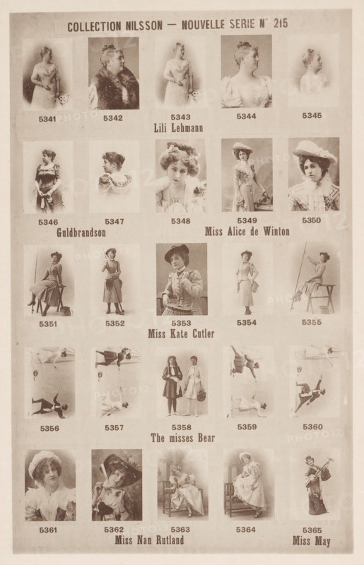 25 portraits of Lili Lehmann, Guldbrandson, Alice de Winton, Kate Cutler, the sisters Bear, Nan Rutland and May, Collection Nilsson - Nouvelle Série, page, photomechanical print, number: 'No 215', c. 1894 - in or before 1899, paper, collotype, photoprint, height 236 mm x width 153 mm, Person, Lilli Lehmann, historical persons - BB - woman, portrait of artiste (dancer, actor, etc.), A sepia-toned printed sheet contains a grid of small portrait and full-body photographs of women arranged in rows, each photo set within a rectangular frame; the top row shows bust and profile views of women in formal dresses and fur stoles, the second row features a mix of head-and-shoulder portraits and standing figures in period dresses and hats, the third row presents women posed with props such as a broom, a chair, and a walking stick, the fourth row displays pairs and solo figures in theatrical or staged poses including acrobatic-looking positions, and the bottom rows continue with seated and standing ...