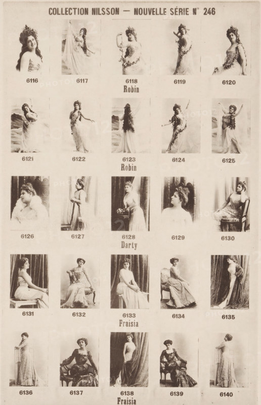 25 portraits of Robin, Darty and Fraisia, Collection Nilsson - Nouvelle Série, page, photomechanical print, number: 'No 246', c. 1894 - in or before 1899, paper, collotype, photoprint, height 237 mm x width 157 mm, historical persons - BB - woman, A sepia-toned poster showing rows of small portrait photographs of women in vintage dresses and poses arranged in a grid across the page; each portrait features a single woman in various seated or standing poses, many wearing flowing gowns, floral headpieces, or draped fabrics, and some pictured with props like chairs or curtains; the top of the page has a bold horizontal heading, and there are short labels beneath many portraits; the overall image has an antique, slightly faded appearance with uniform margins around each photograph.