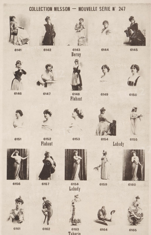 25 portraits of Berny, Flahaut, Labady and Tabarin, Collection Nilsson - Nouvelle Série, page, photomechanical print, number: 'No 247', c. 1894 - in or before 1899, paper, collotype, photoprint, height 237 mm x width 156 mm, historical persons - BB - woman, A sepia-toned page showing a grid of portrait and full-body photographs of women in period dress arranged in rows and columns, each photo placed above a small caption area; the women wear a variety of dresses, corsets, hats, and hairstyles, and pose seated, standing, or leaning with different gestures and props such as chairs and flowers; larger stylized headings appear at the top and at intervals between rows; the overall page has a textured, aged paper background and the images have dark borders and subtle fading.