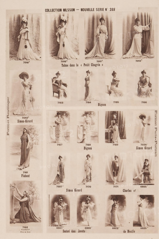 25 portraits of Léonie Yahne, Juliette Simon-Girard and others, Collection Nilsson - Nouvelle Série, page, photomechanical print, inscription: 'Format Reutinger, Yahne dans le &lt, &lt, Petit Chagrin &gt, &gt, Bignon, Simon-Girard, Bignon Simon Girard, Flahaut, Simon Girard Charles et, Santori dans Javotte de Nestle, Prize de Troie, Format Paris - Portrait', number: 'No 288', c. 1895 - in or before 1900, paper, collotype, photoprint, height 238 mm x width 149 mm, Person, Léonie Yahne, Juliette-Joséphine Simon-Girard, historical persons, historical persons - BB - woman, portrait of actor, actress, portrait of opera-singer, A sepia-toned page showing a grid of portrait photographs of women and a few men in vintage clothing, each image framed with space around it and arranged in rows and columns. The top row features four full-length portraits of women in long flowing dresses and hats standing against draped fabric. Below that are smaller portraits of seated and standing women in ornate g...