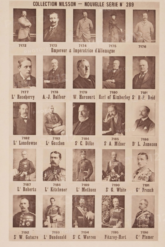 25 portraits of Wilhelm II of Germany and his wife Augusta Victoria and others, Collection Nilsson - Nouvelle Série, page, photomechanical print, number: 'No 289', inscription: 'Empereur & Impératrice d'Allemagne, Ld Roseberry A.-J. Balfour, W. Harcourt Earl of Kimberley Sr RF. Reid, Lr Lansdowne Ld Goschen Sr C. Dilke Sr A. Milner Dr L. Jameson, Lr Roberts Ld Kitchener Ld Methuen Sr G. White Gal French, Sr W. Gatacre Ld Dundonald Sr C. Warren Fitzroy-Hart Cel Plumer', c. 1895 - in or before 1900, paper, collotype, photoprint, height 238 mm x width 153 mm, Person, Wilhelm II (Emperor of Germany), Augusta Victoria (Empress of Germany), historical persons, historical persons - BB - woman, A sepia-toned printed sheet showing a grid of portrait photographs of men and one woman, each portrait framed in a rectangular box with space beneath, arranged in rows and columns. The portraits show individuals in a variety of poses and attire, including formal suits, military uniforms with medals, and...