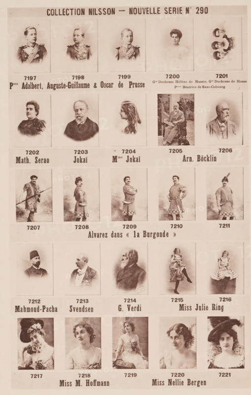25 portraits of the princes Adalbert, August Wilhelm and Oscar of Prussia and others, Collection Nilsson - Nouvelle Série, page, photomechanical print, number: 'No 290', inscription: 'Pces Adalbert, Auguste-Guillaume & Oscar de Prusse Gde Duchesse Hélène de Russie, Gde Duchesse de Hesse, Pcesse Béatrice de Saxe-Cobourg, Math. Serao Jokaï Mme Jokaï Arn. Böcklin, Alvarez dance &lt, &lt, la Burgonde &gt, &gt, Mahmoud-Pacha Svendsen G. Verdi Miss Julie Ring, Miss M. Hoffmann Miss Nellie Bergen', c. 1895 - in or before 1900, paper, collotype, photogravure, height 238 mm x width 153 mm, Person, Adalbert Ferdinand Berengar Viktor of Prussia, August Wilhelm of Prussia (Prince of Prussia), Oscar of Prussia (Prince of Prussia), historical persons, historical persons - BB - woman, prince, A sepia-toned printed sheet divided into rows of rectangular portrait photographs showing men, women, and children in vintage clothing. The top row features young boys in uniform and a woman with an updo, alongs...