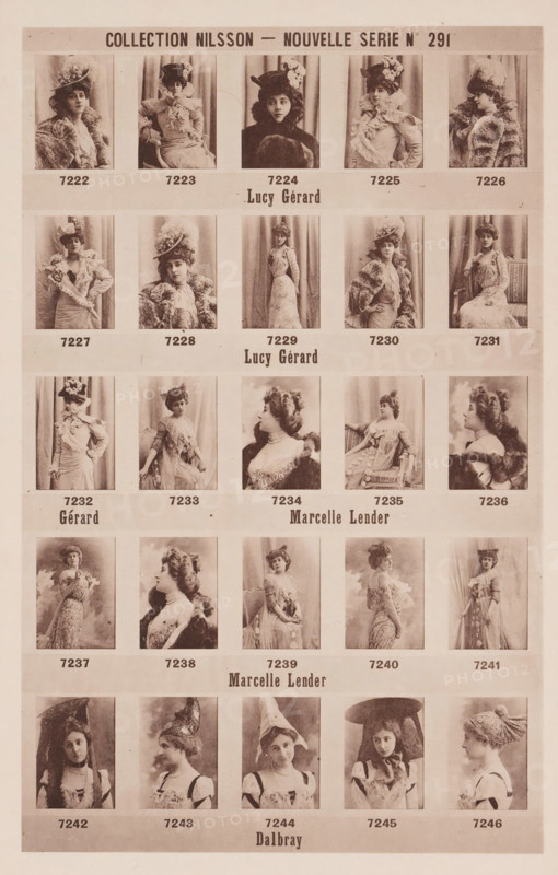 25 portraits of Lucy Gérard, Marcelle Lender and Dalbray, Collection Nilsson - Nouvelle Série, page, photomechanical print, number: 'No 291', c. 1895 - in or before 1900, paper, collotype, photoprint, height 238 mm x width 153 mm, Person, Marcelle Lender, Lucy Gérard, historical persons - BB - woman, portrait of actor, actress, A vertical sheet with a grid of small sepia photographic portraits of women wearing period dresses and hats, arranged in rows and columns with light borders separating each portrait, showing a variety of poses including seated, standing, and side profiles, with several women wearing fur stoles, ruffled collars, and floral hat decorations, and a central vertical band containing larger blank spaces between rows.