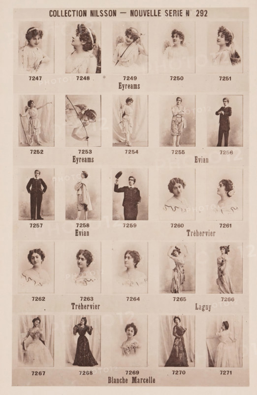 25 portraits of Cécile Eyreams, Evian, Tréhervier, Lagny and Blanche Marcelle, Collection Nilsson - Nouvelle Série, page, photomechanical print, number: 'No 292', c. 1895 - in or before 1900, paper, collotype, photoprint, height 238 mm x width 153 mm, historical persons - BB - woman, A sheet containing a grid of sepia-toned portrait photographs of people in period clothing, arranged in rows and columns with small rectangular frames around each image, showing mostly women in various poses and a few men, some standing, some seated or turned in profile, wearing dresses, suits, hats, or accessories, with neutral or draped backdrops behind them and narrow margins between the framed photos.